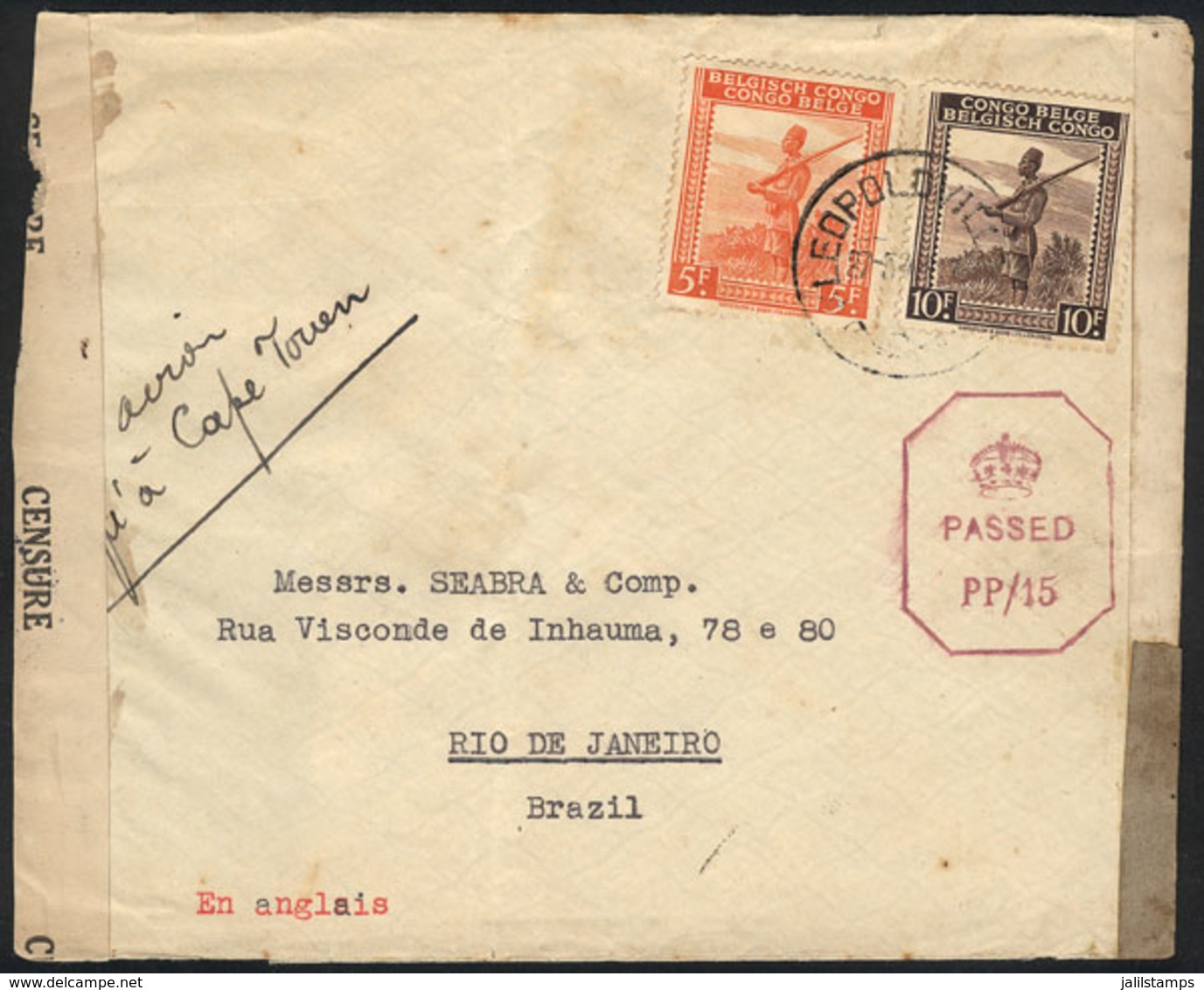 BELGIAN CONGO: Cover Sent From Leopoldville To Rio De Janeiro On 27/MAY/1943 (rare Destination) Franked With 15Fr., Doub - Other & Unclassified