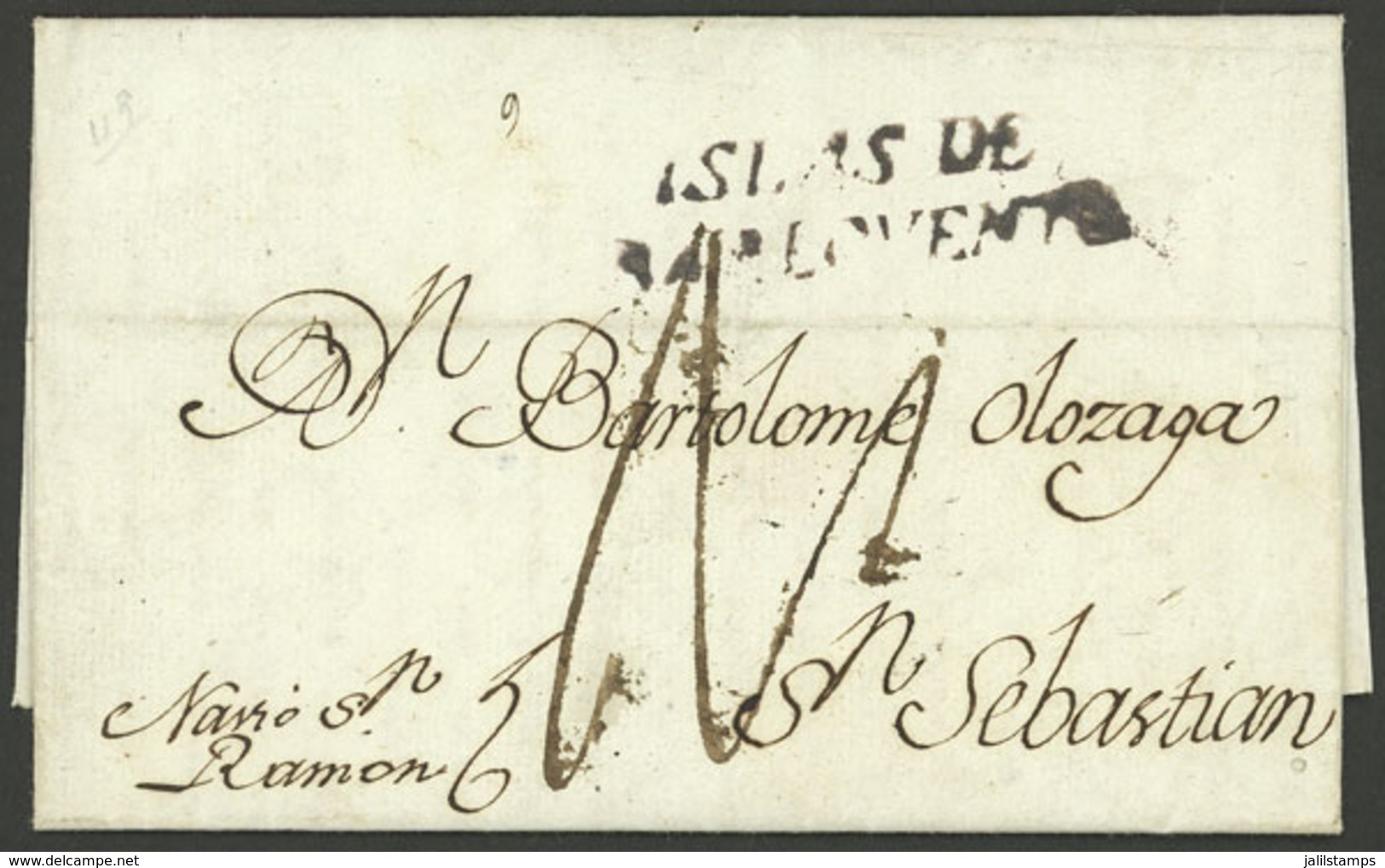 CUBA: 2/AU/1802 HAVANA - San Sebastian, Entire Letter With 2-line Black Mark "ISLAS DE BARLOVENTO", With Manuscript "Nav - Other & Unclassified