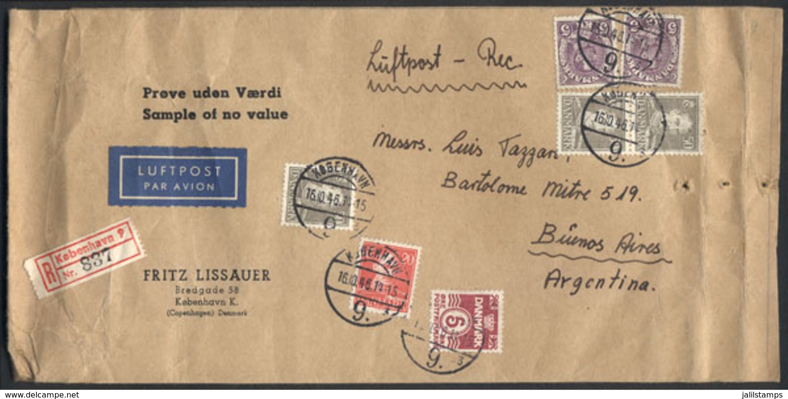 DENMARK: Registered Airmail Cover Sent To Argentina On 16/OC/1946, With Colorful Postage Of 11.75K. That Includes 2 Stam - Otros & Sin Clasificación