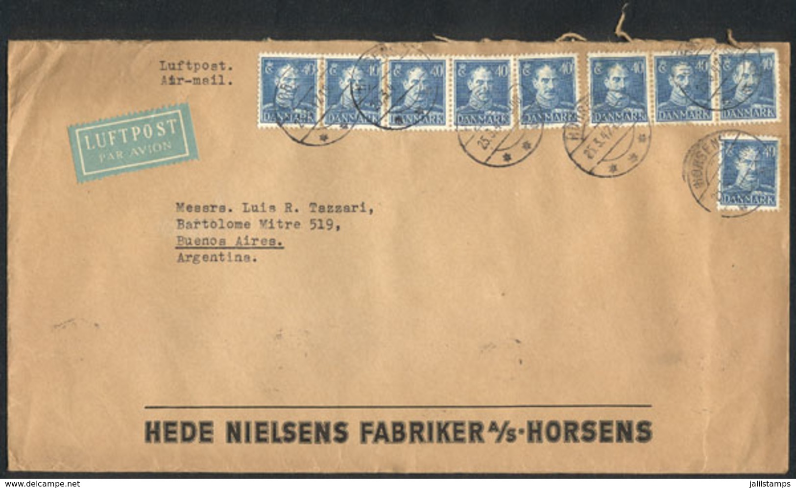 DENMARK: Cover Franked By 40o. X9, Sent From Horsens To Argentina On 25/MAR/1947 By Airmail, Very Interesting! - Other & Unclassified