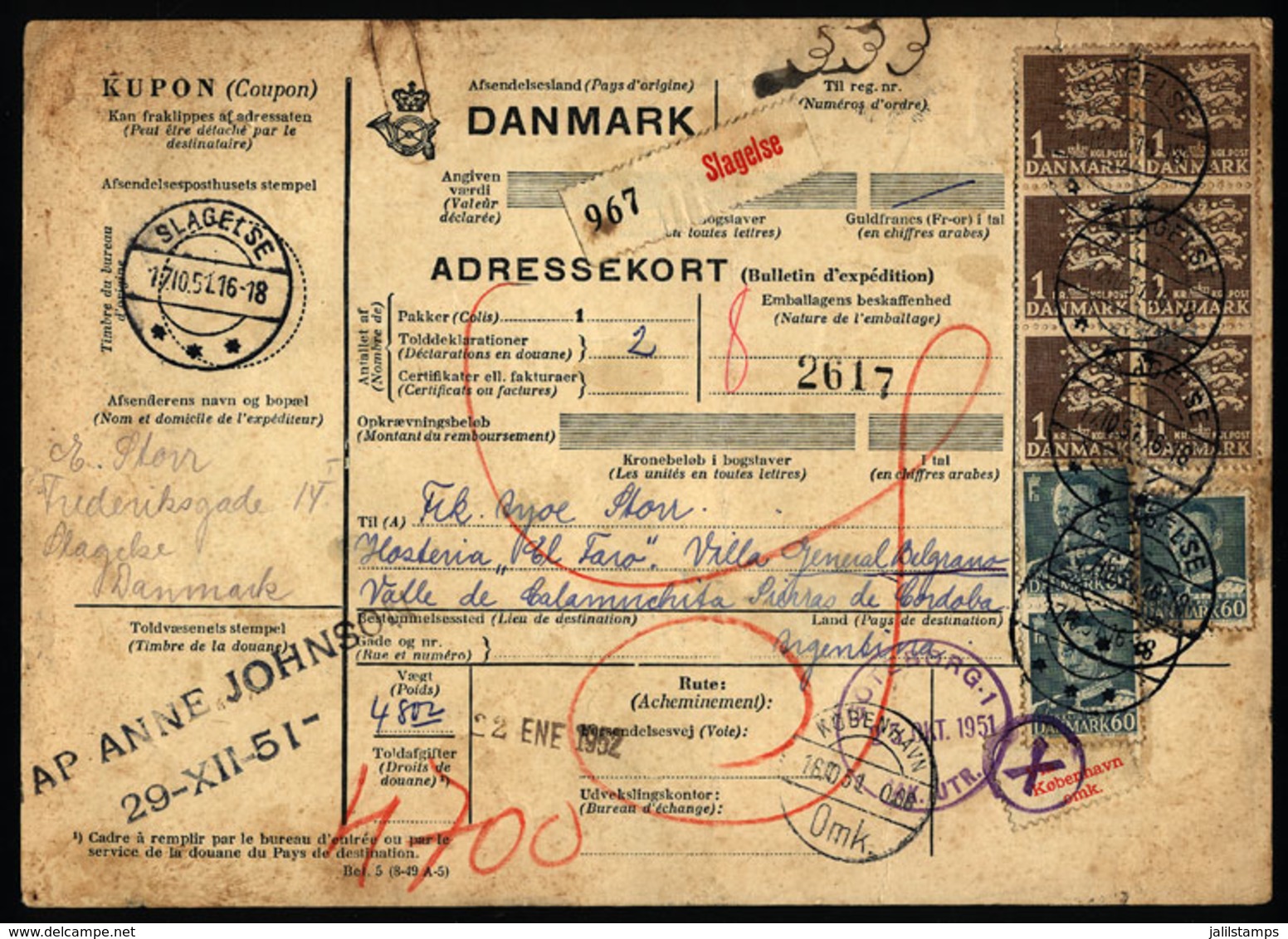 DENMARK: Despatch Note Of Parcel Post With Nice Postage, Sent From Slagelse To Argentina On 17/OC/1951, Interesting! - Sonstige & Ohne Zuordnung