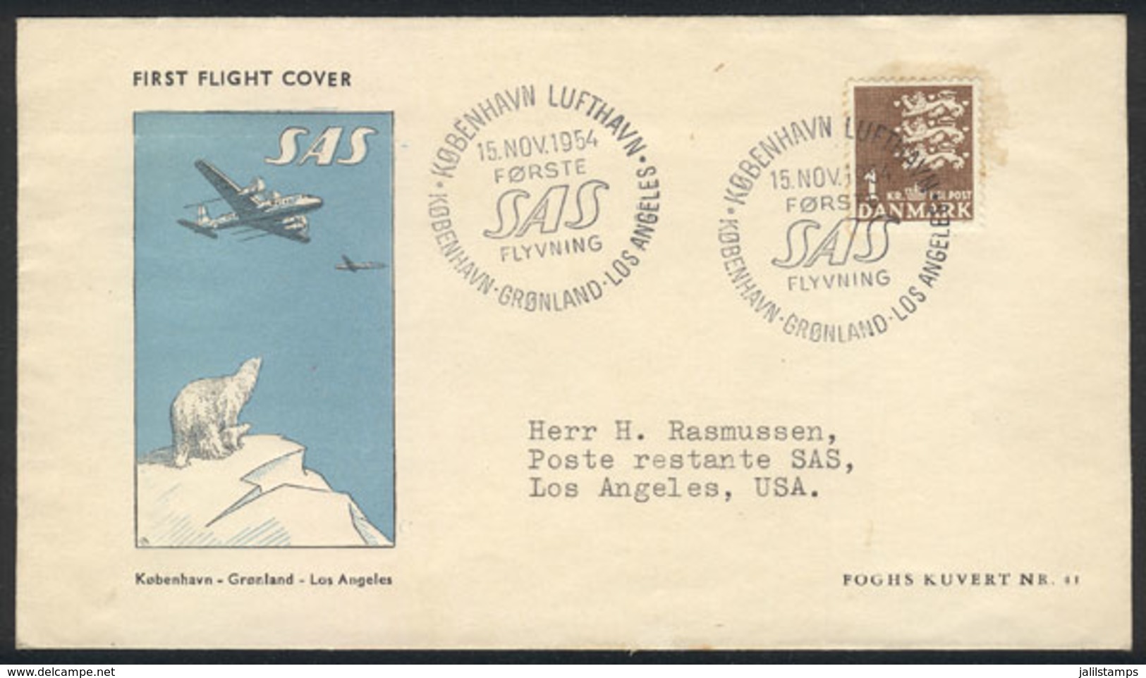 DENMARK: 15/NO/1954: First S.A.S. Flight Copenhagen-Greenland-Los Angeles, Cover Franked With 1Kr. And Cancelled With Sp - Sonstige & Ohne Zuordnung