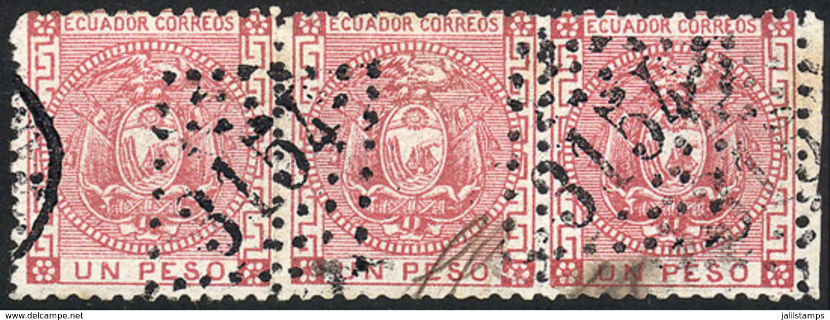 ECUADOR: Sc.11, 1872 1P. Rose, Strip Of 3 Used With Numeral "3154" Cancel Of Quito, One Example With Repaired Defect, El - Ecuador