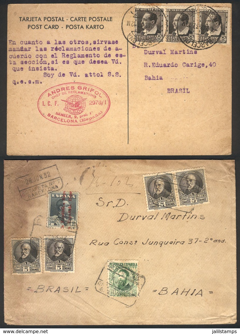 SPAIN: Registered Cover Of 1932 (defects) + Card Of 1937 (VF Quality), Both Sent To Brazil! - Sonstige & Ohne Zuordnung