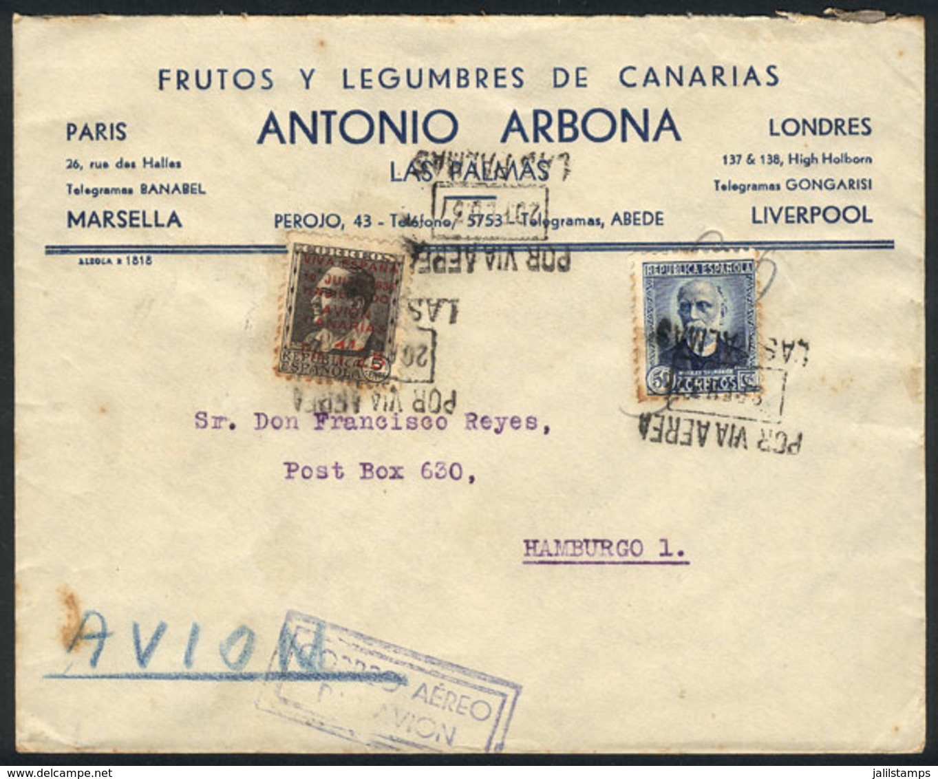 SPAIN: Airmail Cover Sent From LAS PALMAS To Germany On 27/FE/1937 With Nice Postage! - Other & Unclassified