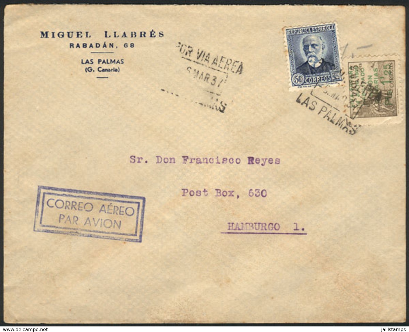 SPAIN: Airmail Cover Sent From LAS PALMAS To Germany On 6/MAR/1937 With Nice Postage! - Autres & Non Classés