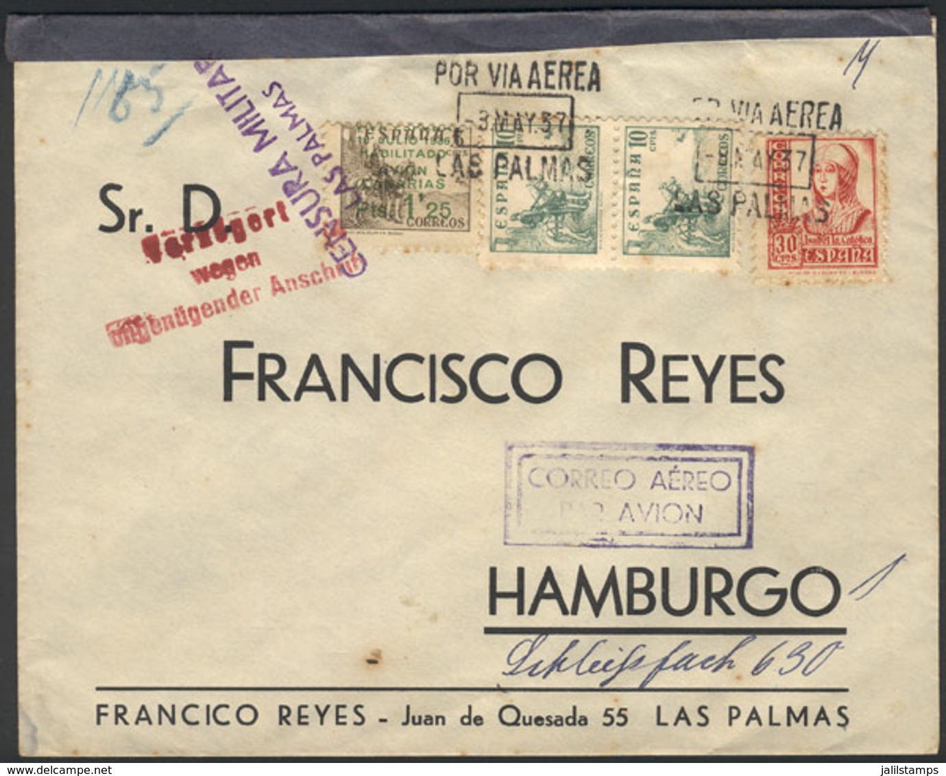 SPAIN: Airmail Cover Sent From LAS PALMAS To Germany On 3/MAY/1937 With Nice Postage! - Sonstige & Ohne Zuordnung