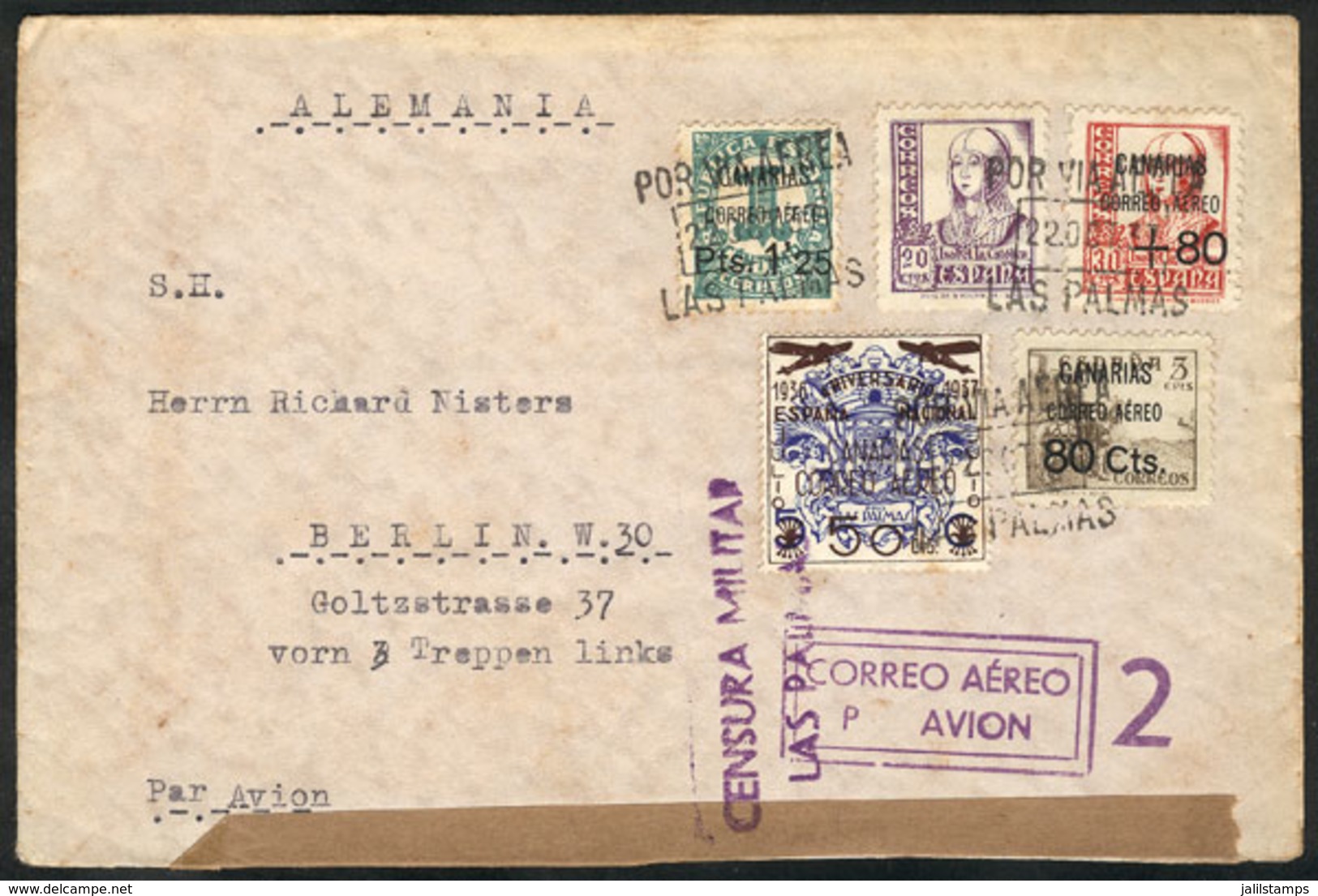SPAIN: Airmail Cover Franked With Local Stamps Of The CANARY ISLANDS, Sent From Las Palmas To Berlin On 22/OC/1937, With - Other & Unclassified