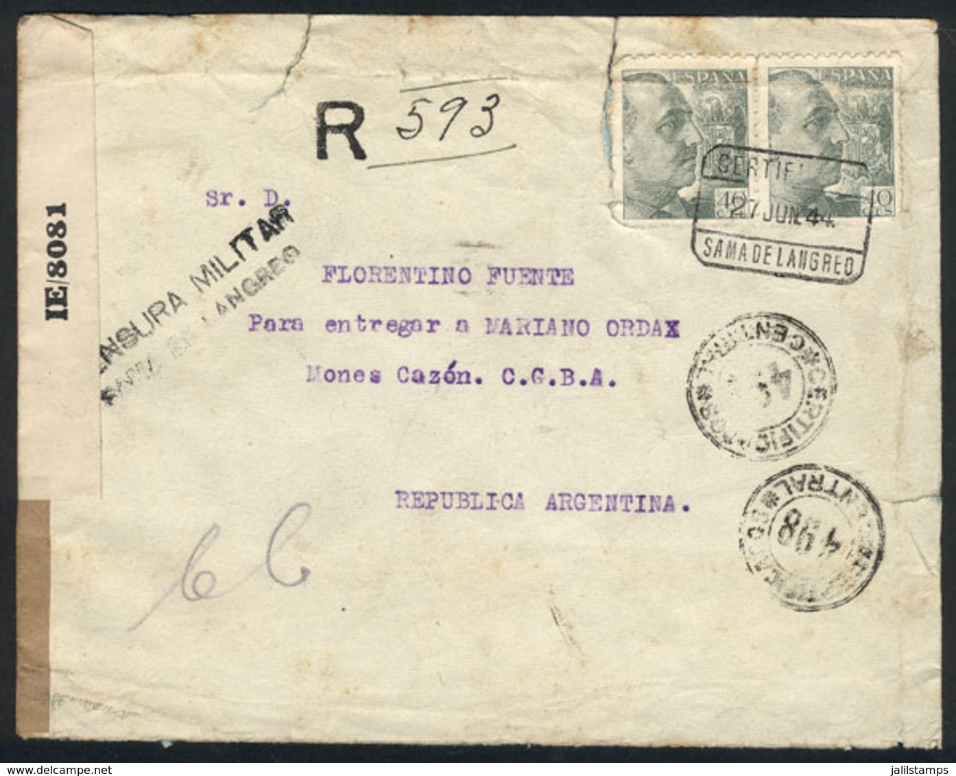 SPAIN: Registered Cover Sent From SAMA DE LANGREO To Argentina On 27/JUN/1944, With Double Censorship (local + Allied),  - Autres & Non Classés