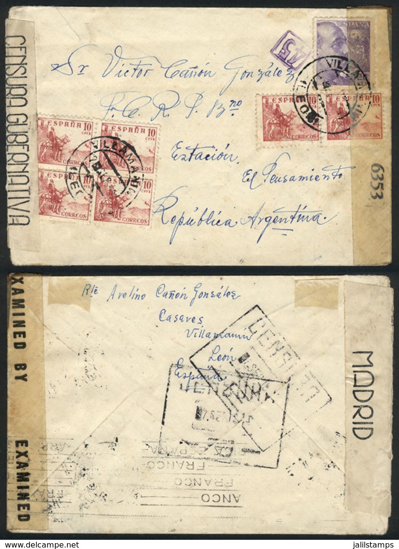 SPAIN: Cover Sent From VILLAMANÍN To Argentina On 2/SE/1944, With Local + Allied Double Censorship, VF Quality! - Autres & Non Classés