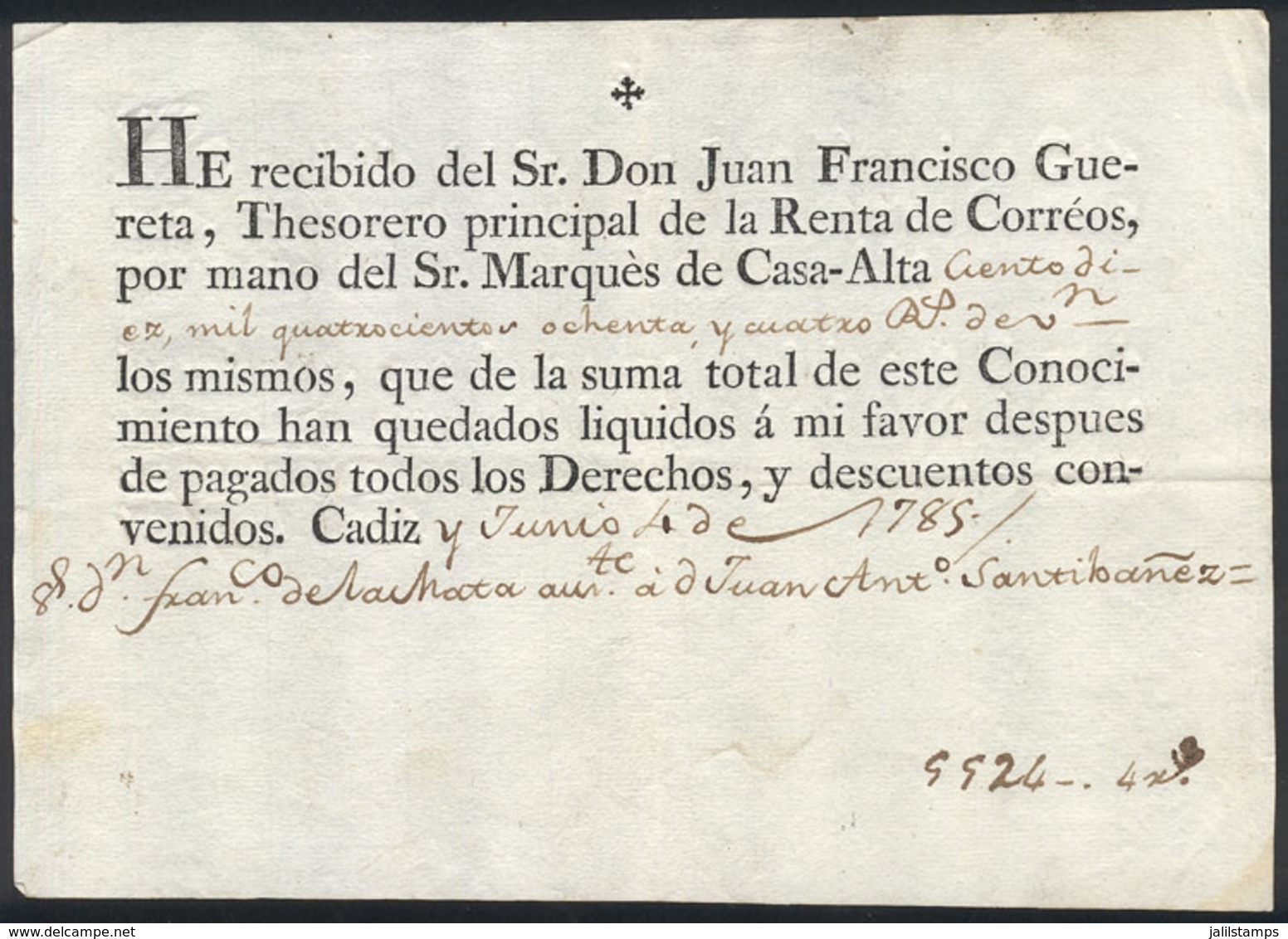 SPAIN: Postal Receipt Dated 4 June 1785, Excellent Quality, Rare! - Otros & Sin Clasificación