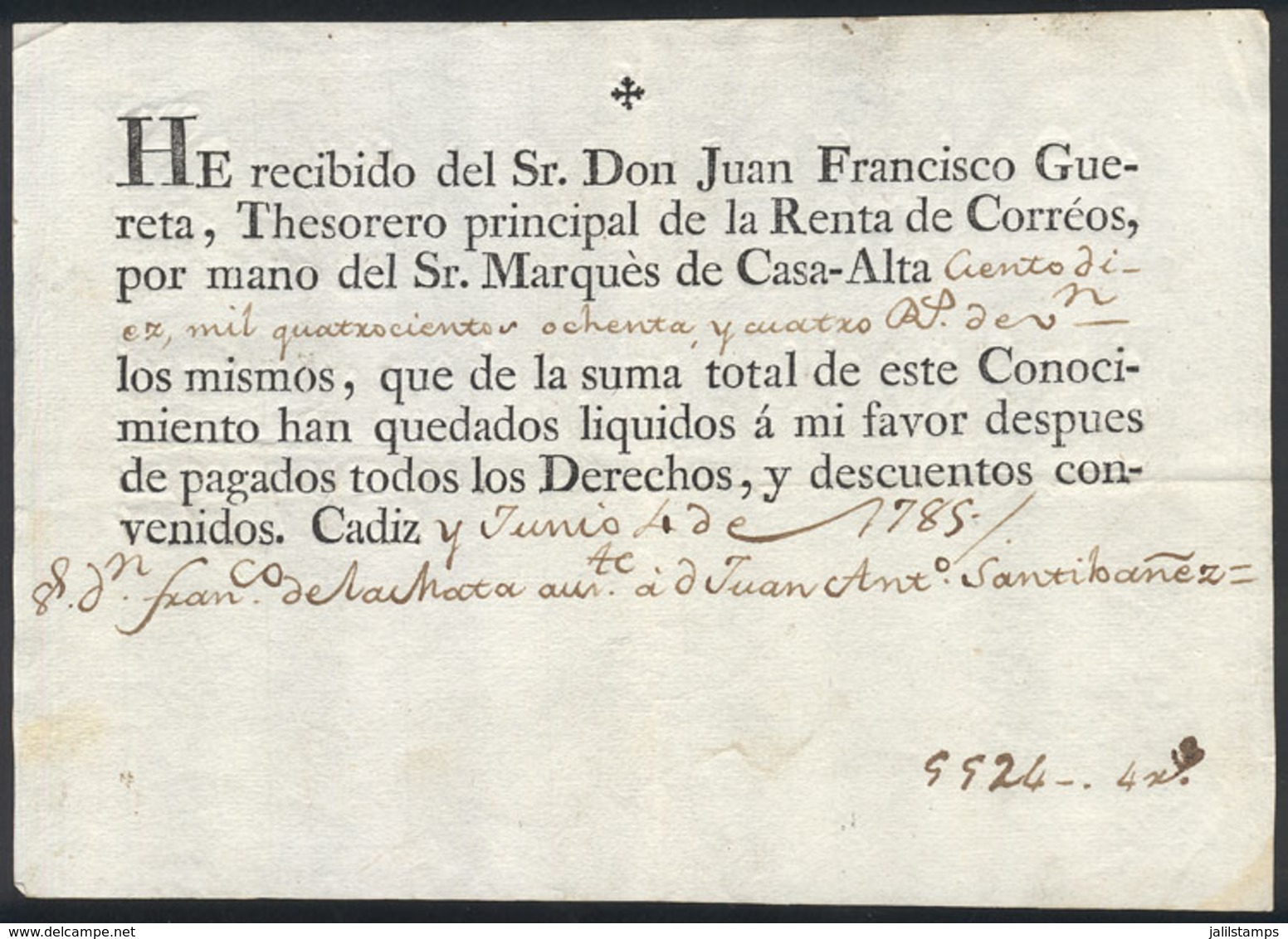 SPAIN: Postal Receipt Dated 4 June 1785, Excellent Quality, Rare! - Autres & Non Classés