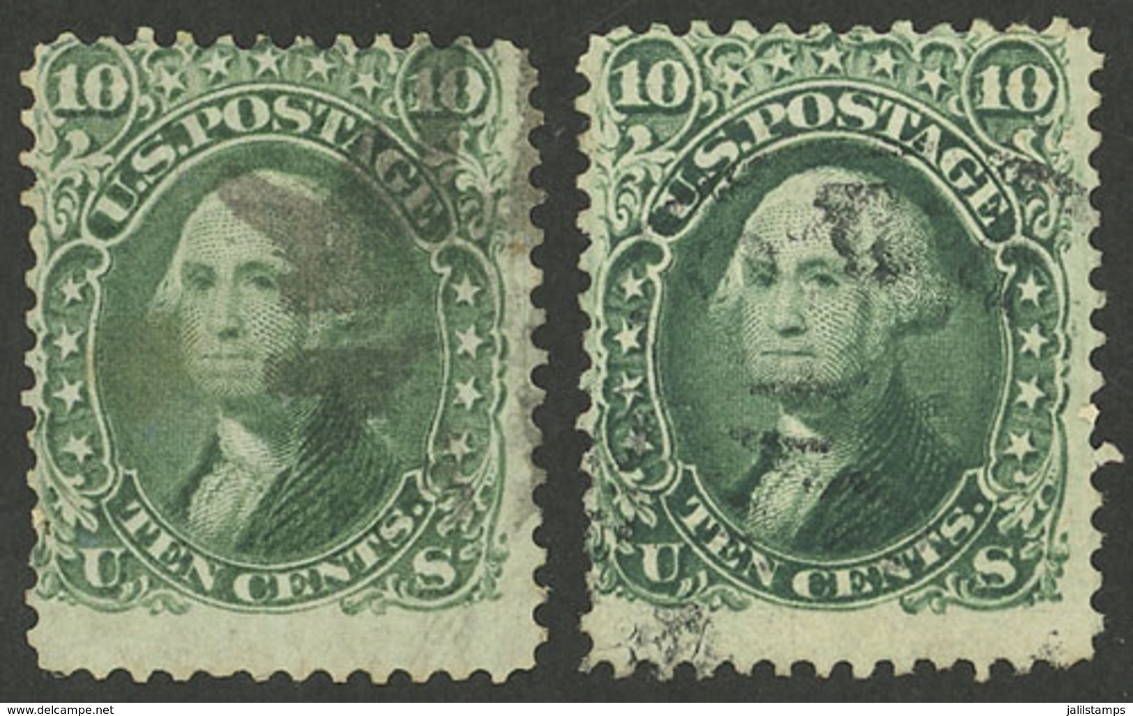 UNITED STATES: Sc.68 + 68a, 1861 Washington 10c. In Green And Dark Green, Used, VF Quality! - Other & Unclassified