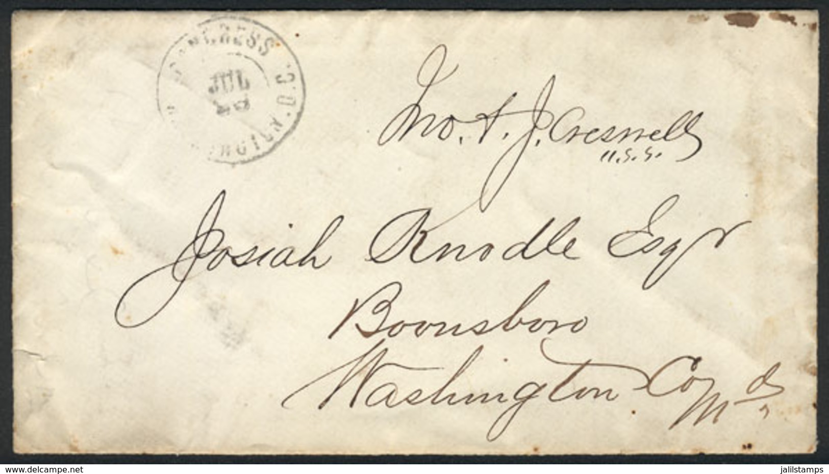 UNITED STATES: Cover Sent With FREE FRANKING On 25/JUL/1866 By Senator J.Cresnell, With Postal Marking: CONGRESS - JULY  - Briefe U. Dokumente