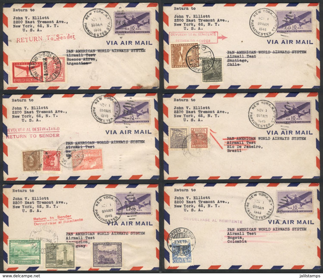 UNITED STATES: 1/NO/1946: 27 Test Flight Covers Sent Via Pan American To Various Countries In South And Central America  - Covers & Documents