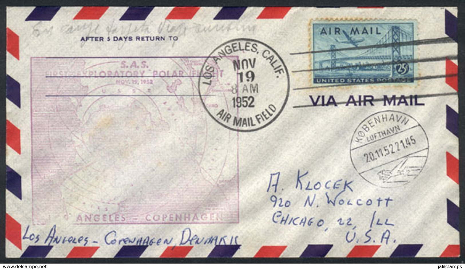 UNITED STATES: 19/NO/1952: Los Angeles (USA) - Copenhagen (Denmark): S.A.S. First Exploratory Polar Flight, Cover With D - Covers & Documents