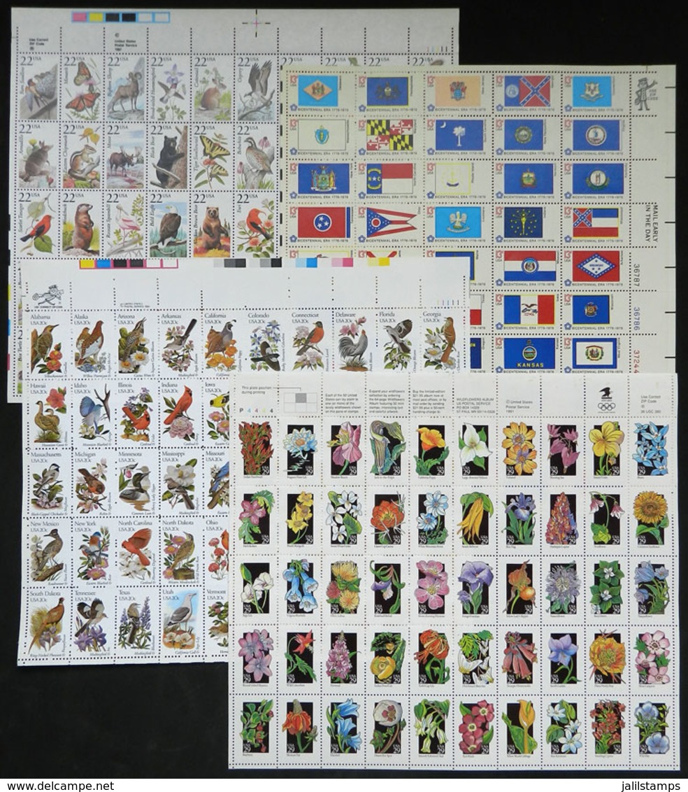 UNITED STATES: 4 Sheets Of 50 Values Each, Very Thematic: Flags, Birds, Animals, Flowers, Unmounted, Very Fine General Q - Collections