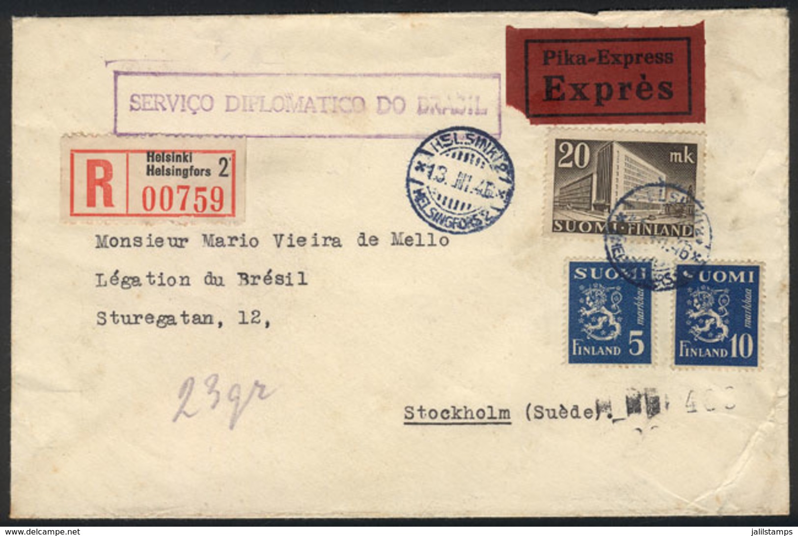 FINLAND: Express Registered Cover Sent From Helsinki To Sweden On 13/MAR/1946, VF Quality! - Autres & Non Classés