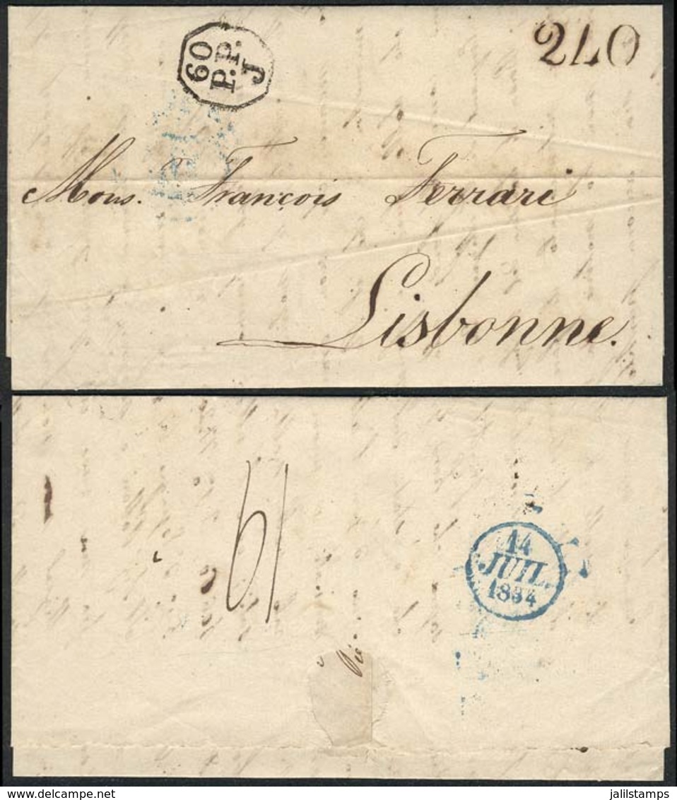 FRANCE: Entire Letter Sent From Paris To Portugal On 14/JUL/1834, Interesting Postal Marks, VF Quality! - Autres & Non Classés