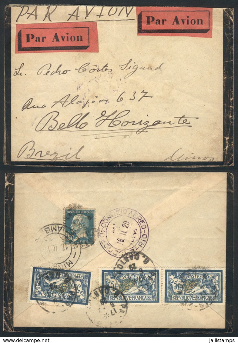 FRANCE: Mourning Cover Sent By Airmail From Paris To Brazil On 6/FE/1929, Franked On Back With 16.50Fr., Very Nice! - Autres & Non Classés