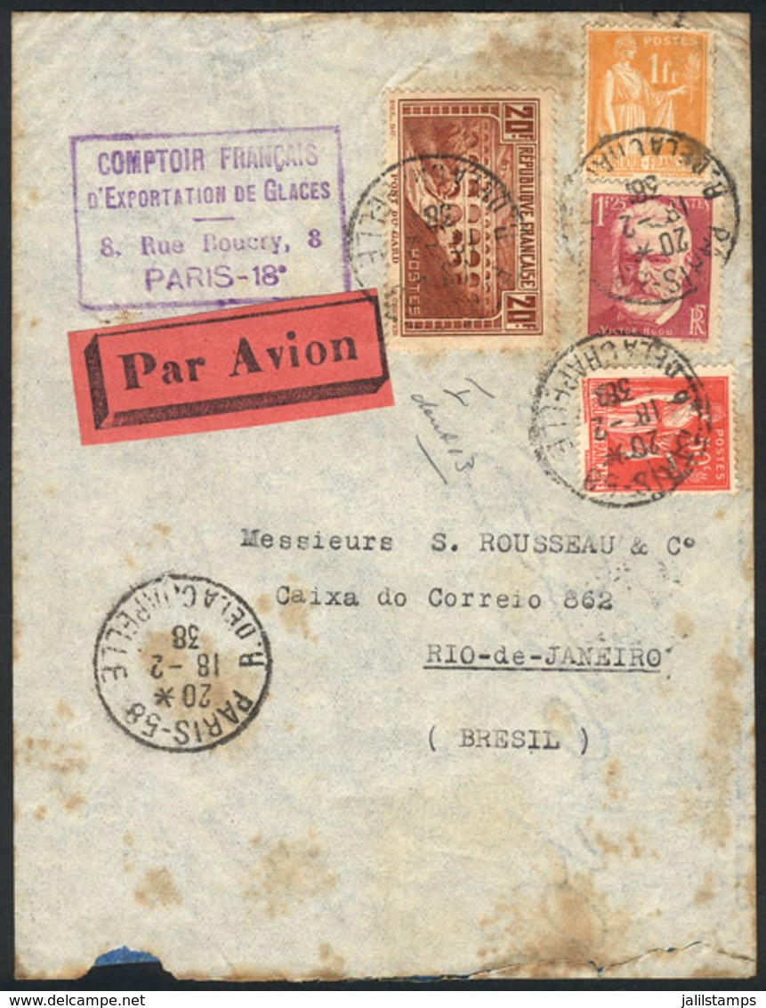 FRANCE: Airmail Cover Posted From Paris To Rio De Janeiro On 18/FE/1938 Franked With 22.75Fr., Minor Defects, Low Start! - Sonstige & Ohne Zuordnung