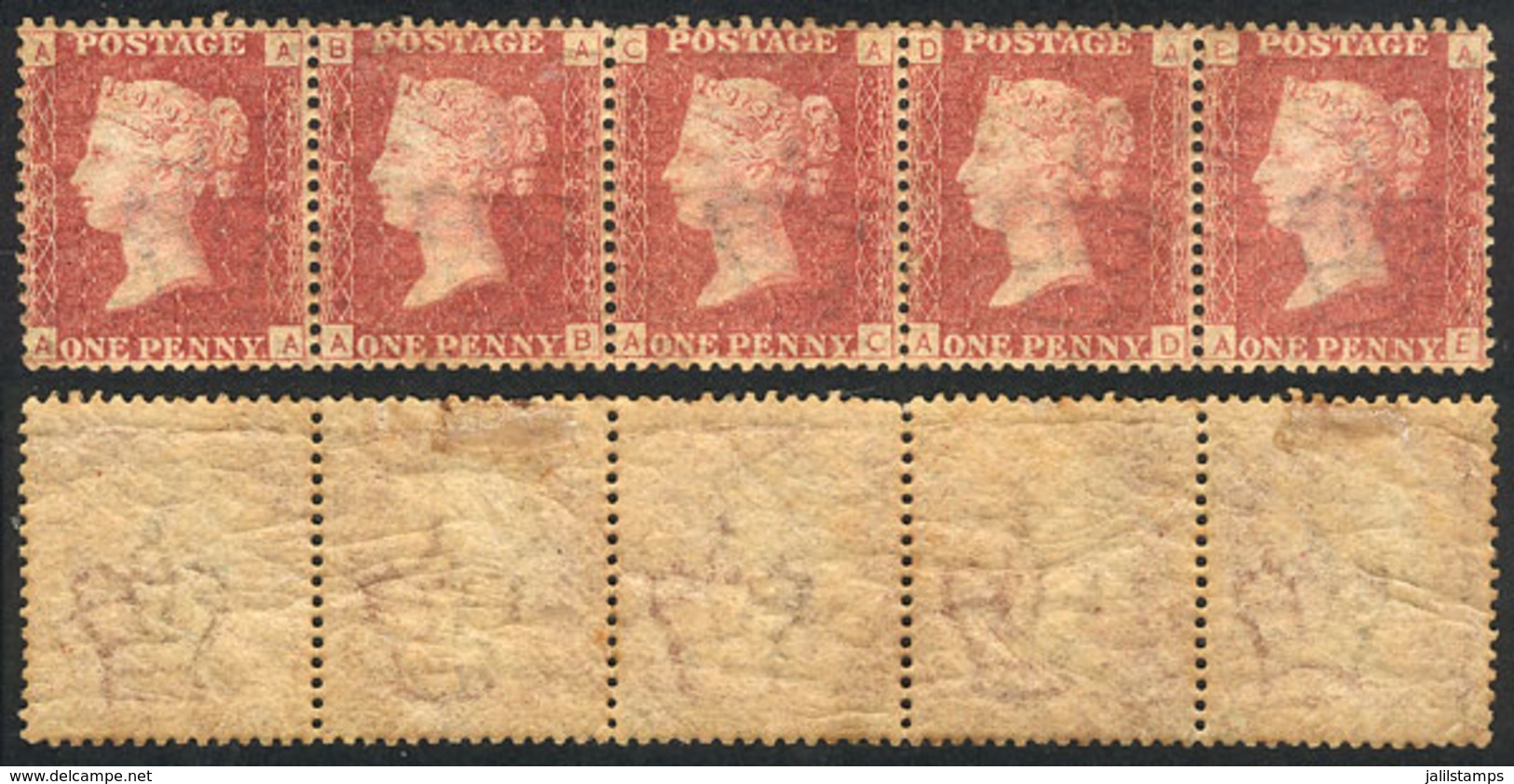 GREAT BRITAIN: Sc.33, 1864 1p. PLATE 153, Beautiful Strip Of 5 With Full Original Gum (3 Stamps MNH And 2 Lightly Hinged - Other & Unclassified