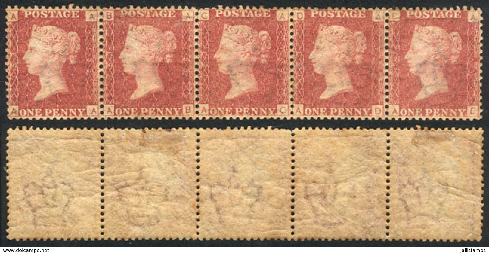 GREAT BRITAIN: Sc.33, 1864 1p. PLATE 153, Beautiful Strip Of 5 With Full Original Gum (3 Stamps MNH And 2 Lightly Hinged - Autres & Non Classés