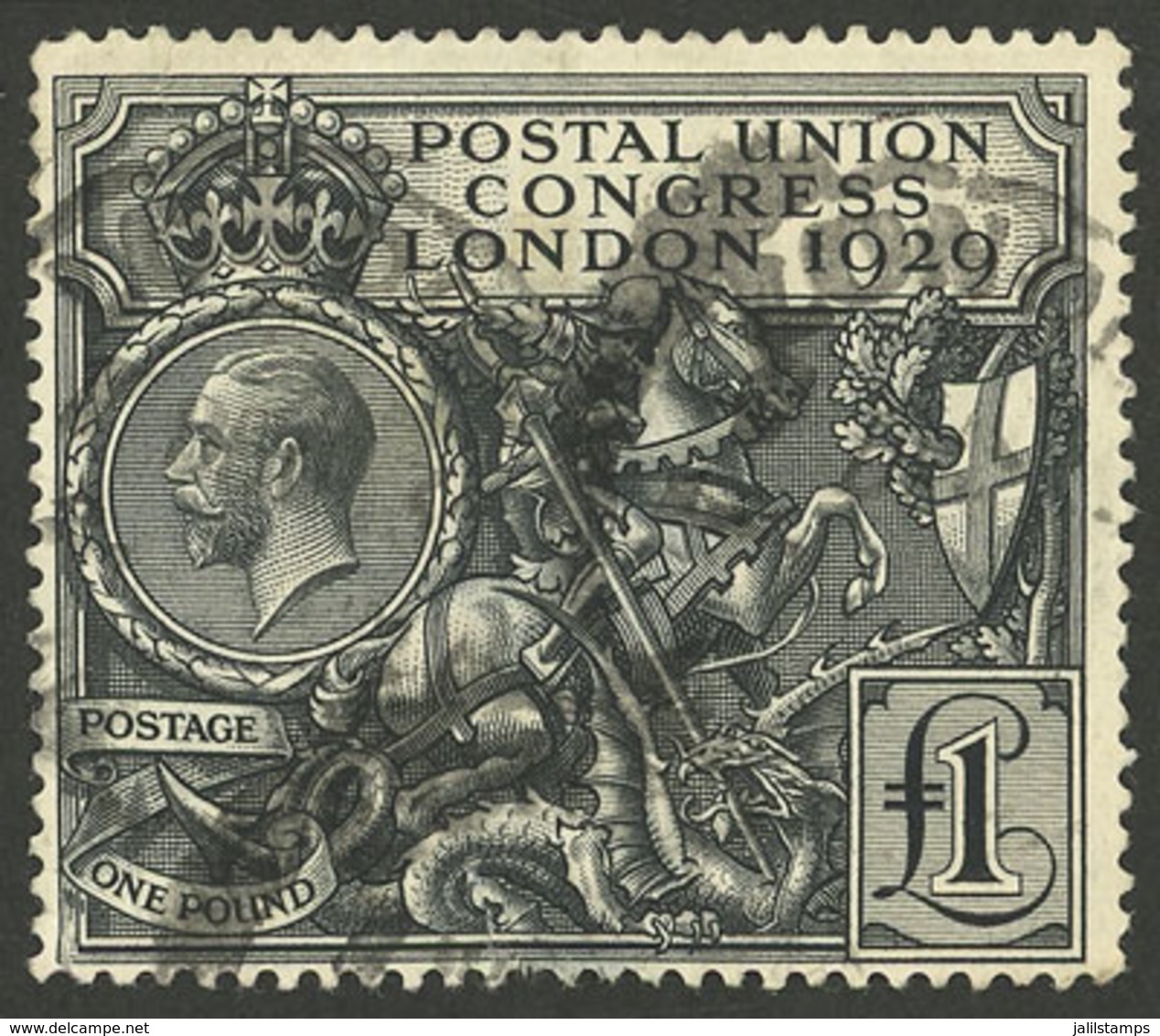 GREAT BRITAIN: Sc.209, 1929 UPU Congress 1£ St. George And The Dragon, Used, Thinned On Back But With Good Front, Very C - Other & Unclassified