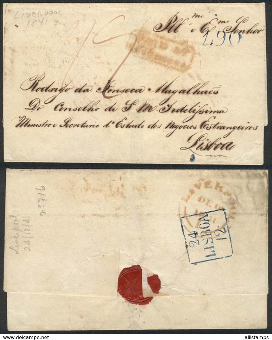 GREAT BRITAIN: Folded Cover Sent From Liverpool To Lisboa On 24/DE/1841, With Interesting Postal Marks On Front And Back - Autres & Non Classés