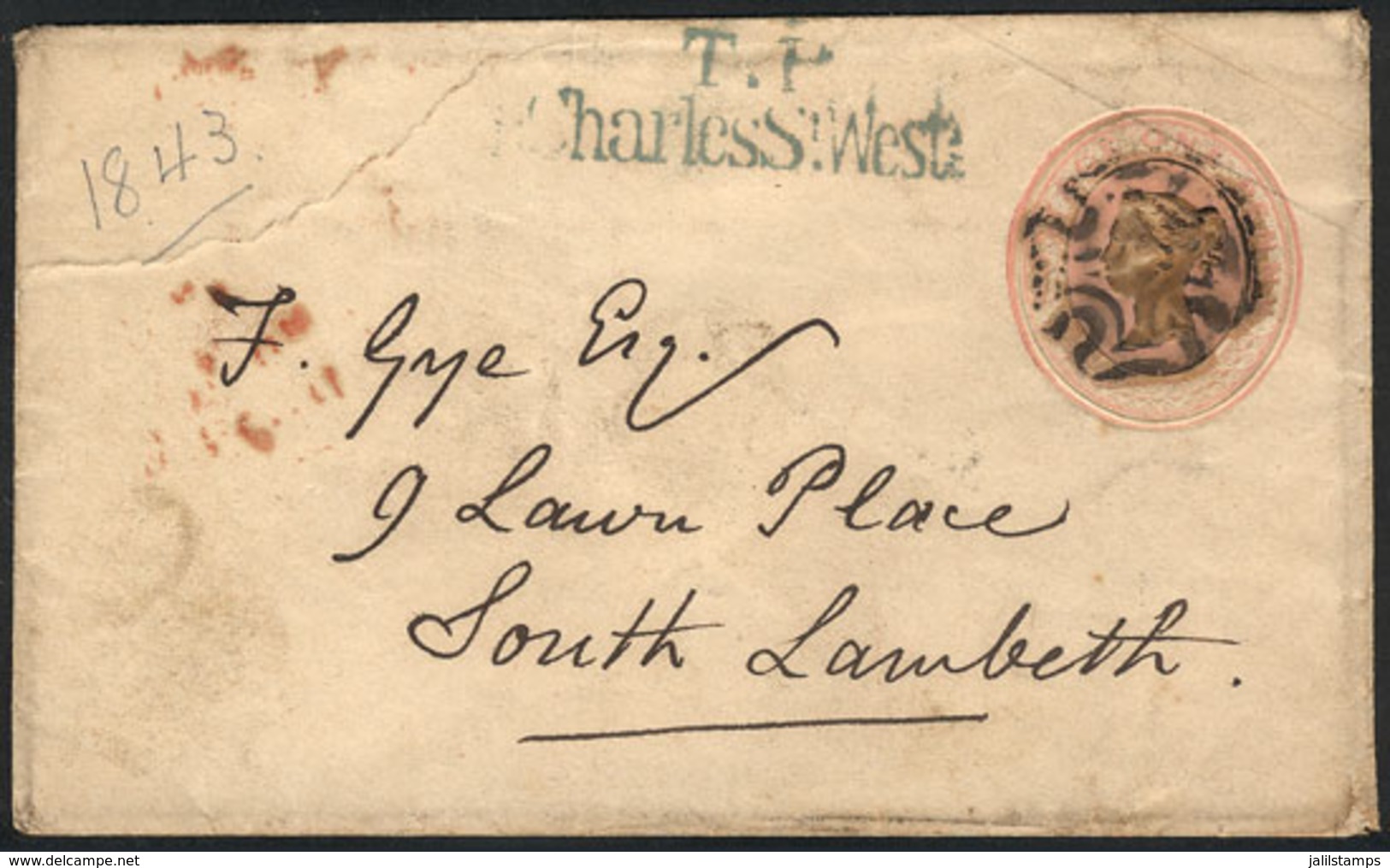 GREAT BRITAIN: 1p. Stationery Envelope Used In 1843, Interesting Postal Markings! - Sonstige & Ohne Zuordnung