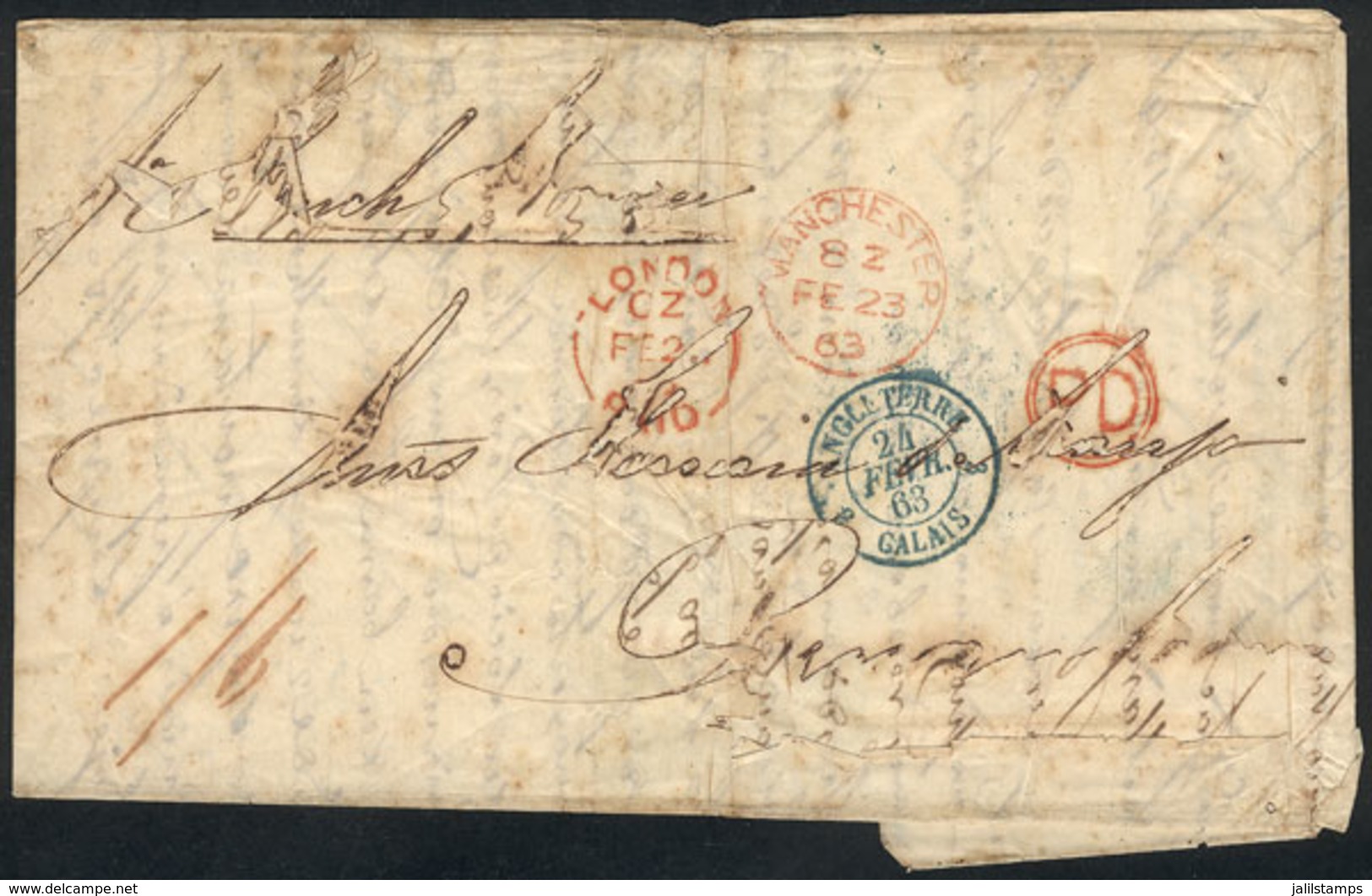 GREAT BRITAIN: Entire Letter Sent From Manchester To PERNAMBUCO (Brazil) On 23/FE/1863 By French Paquebot, With Interest - Other & Unclassified