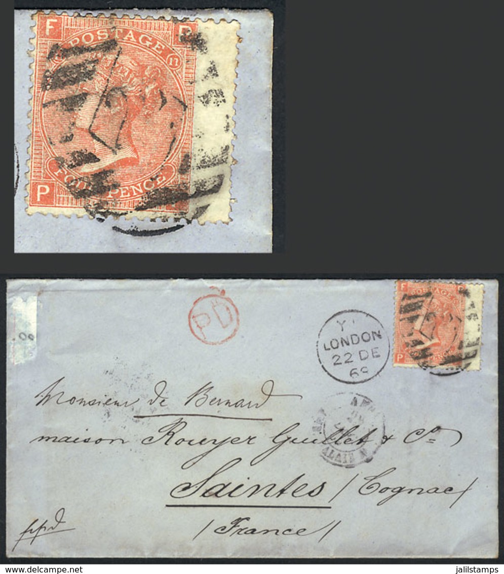 GREAT BRITAIN: Cover Franked By Sc.43 Plate 11, Sent From London To Saintes (France) On 22/DE/1868, Minor Defects, Very  - Autres & Non Classés