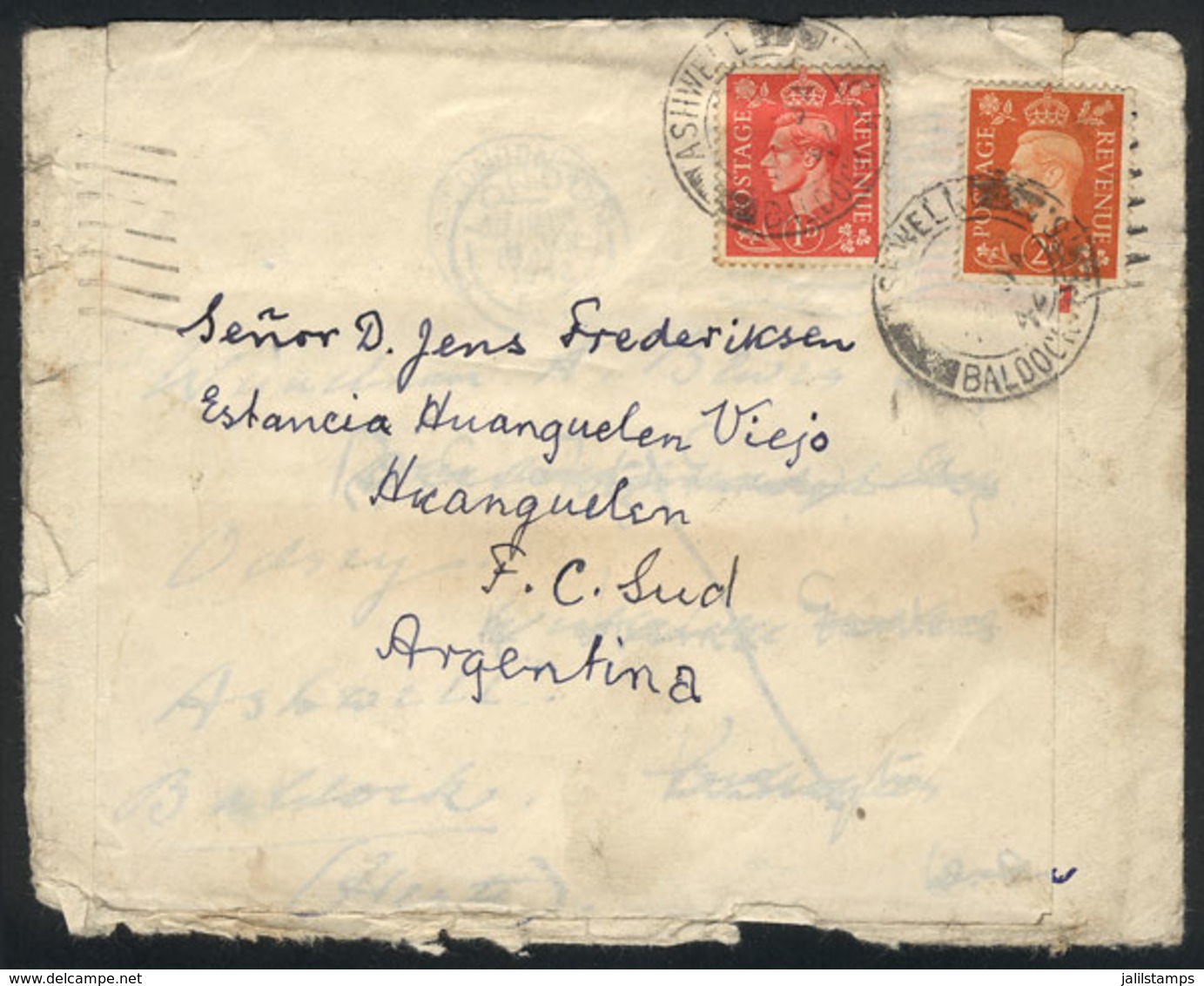 GREAT BRITAIN: Cover Sent From Ashwell To Argentina On 23/JA/1942, Recycling A Cover Used In London By Affixing A Paper  - Autres & Non Classés