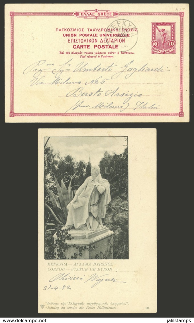 GREECE: 10c. Postal Card With View Printed On Back: Statue Of Byron", Sent From KEPKYPA To Italy On 27/AP/1892, Very Fin - Other & Unclassified