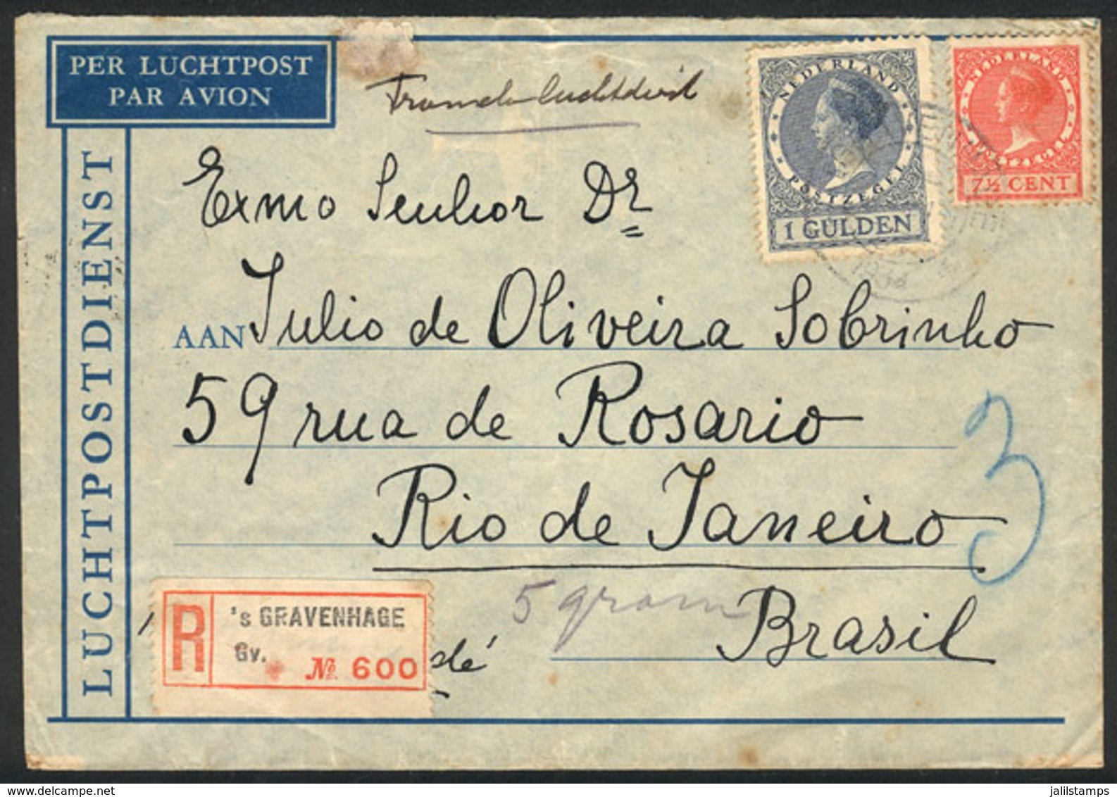 NETHERLANDS: Registered Airmail Cover Sent From 's Gravenhage To Brazil In DE/1934, Very Nice! - Sonstige & Ohne Zuordnung