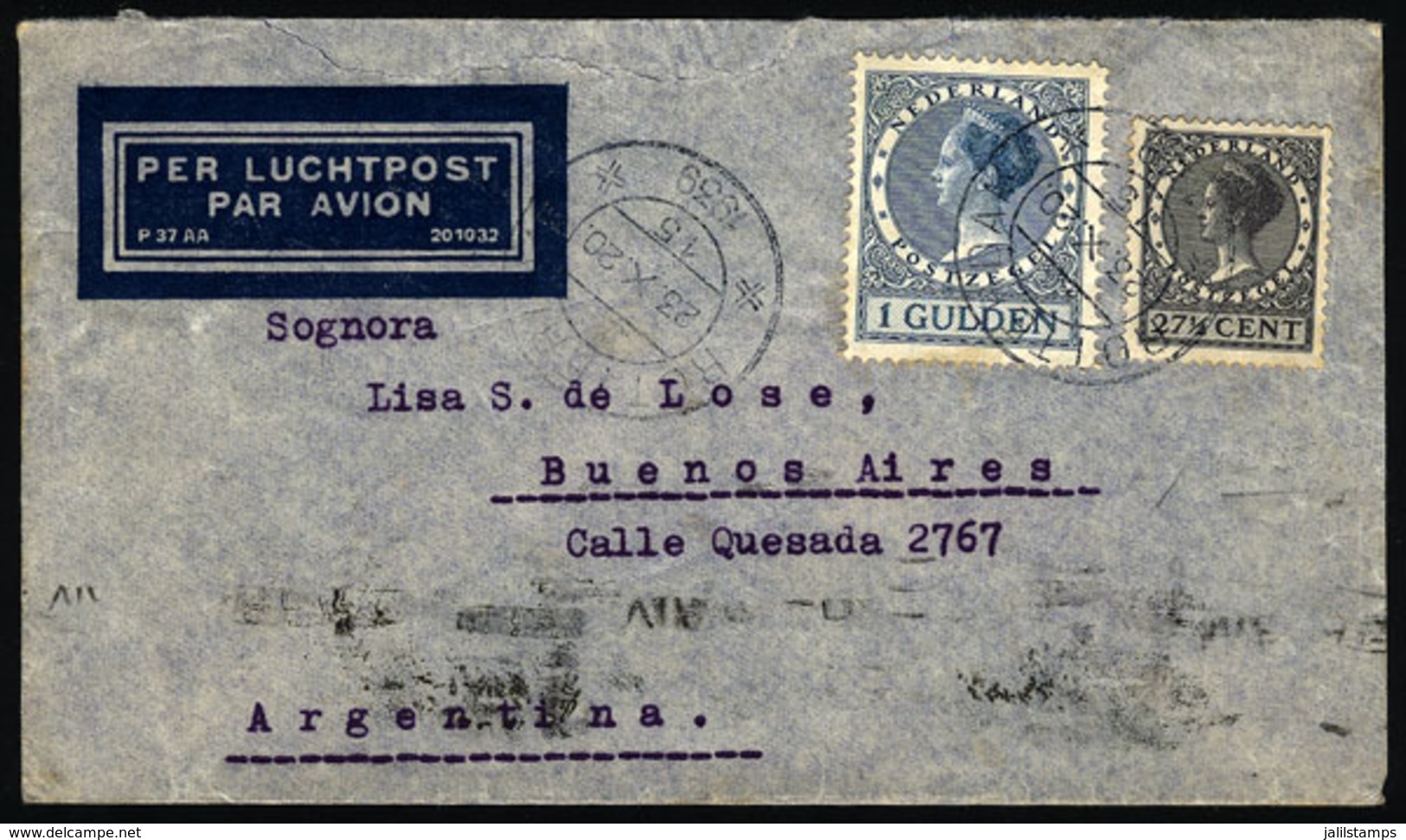 NETHERLANDS: Airmail Cover Sent From Rotterdam To Argentina On 23/OC/1939 Franked With 1.27½G., VF! - Other & Unclassified