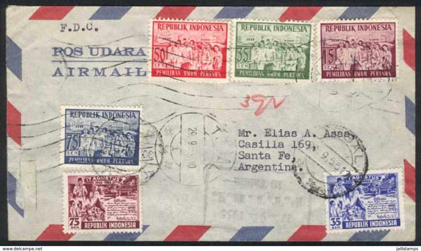 INDONESIA: Registered Cover Franked By Sc.410/3 + Other Values, Sent To Argentina On 29/SE/1951, Unusual Destination, VF - Indonesia