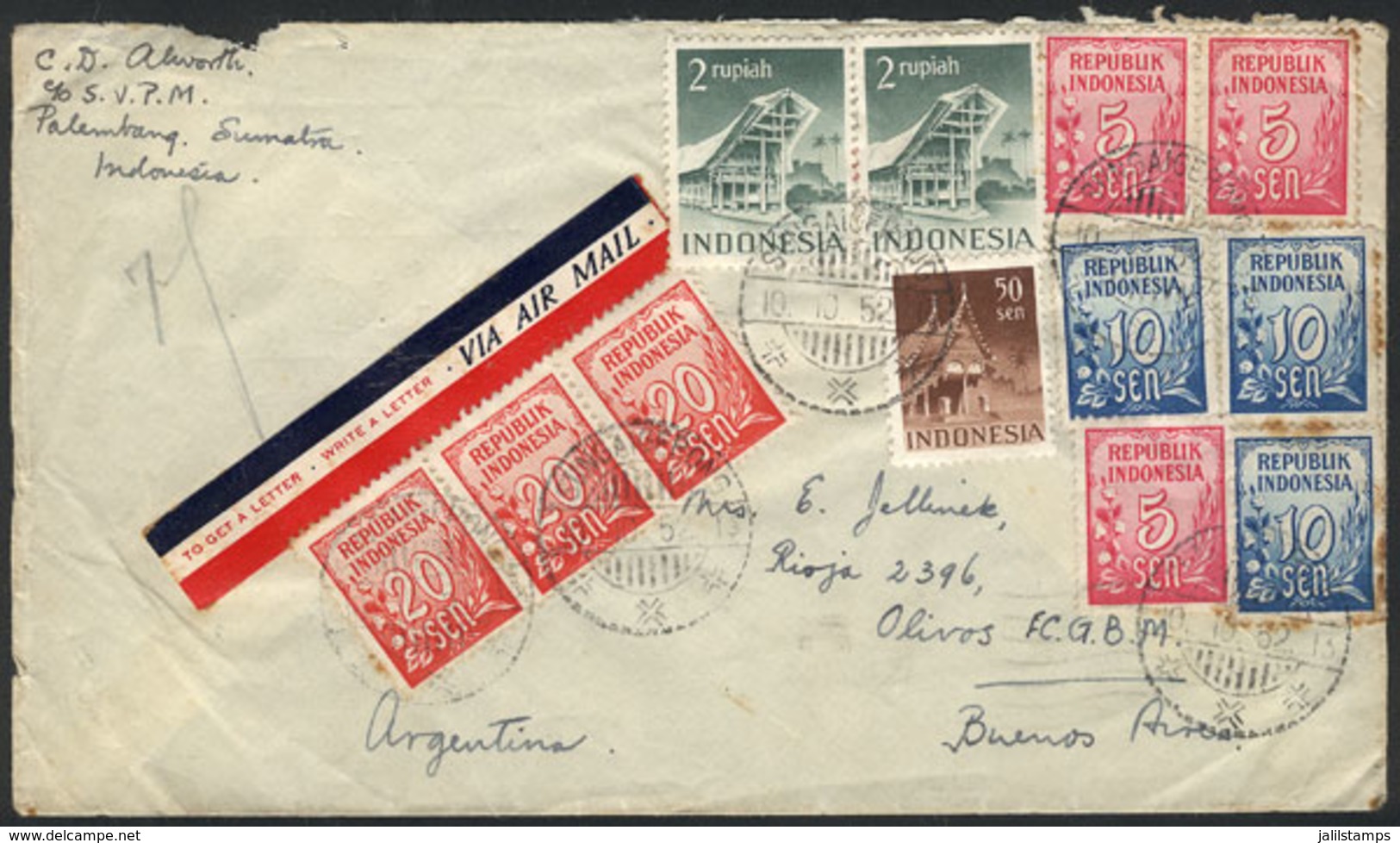 INDONESIA: Cover Sent To Argentina On 10/OC/1952, Unusual Destination! - Indonésie