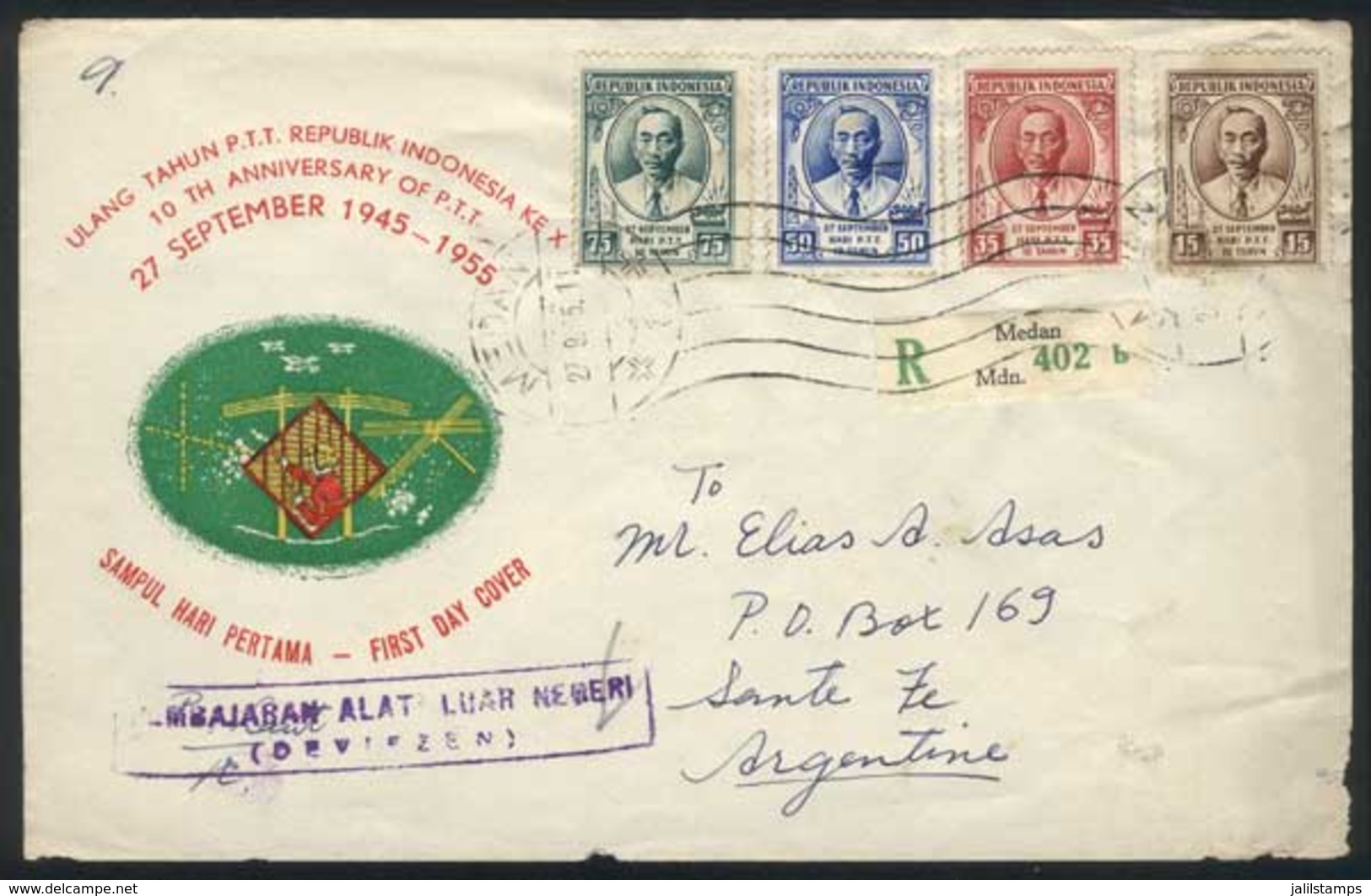 INDONESIA: Registered Cover Franked By Sc.414/7, Sent To Argentina On 27/SE/1955, Unusual Destination, VF Quality! - Indonésie