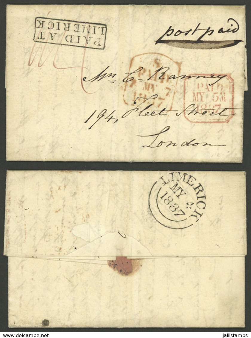 IRELAND: 4/MAY/1827 LIMERICK - London, Entire Letter With Black Framed "PAID AT LIMERICK", Transit Mark Of Dublin 5/MAY  - Sonstige & Ohne Zuordnung