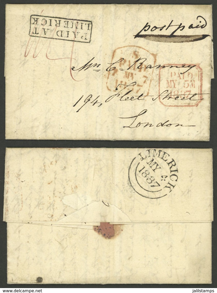 IRELAND: 4/MAY/1827 LIMERICK - London, Entire Letter With Black Framed "PAID AT LIMERICK", Transit Mark Of Dublin 5/MAY  - Other & Unclassified