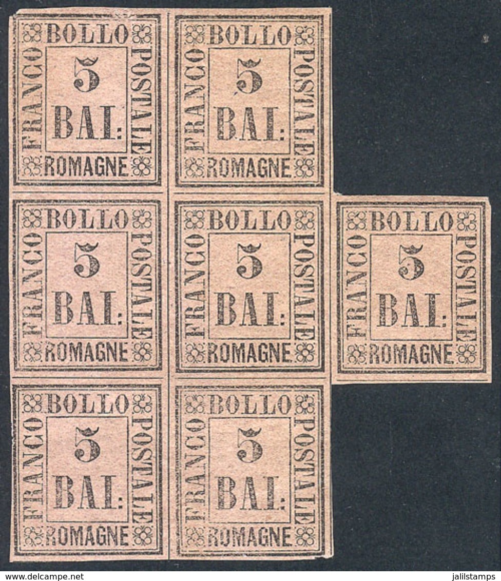 ITALY: Sc.6, 1859 5B., Block Of 7 Stamps Mint Original Gum, Several MNH, Excellent (2 Examples With Tiny Thin On Back),  - Romagna