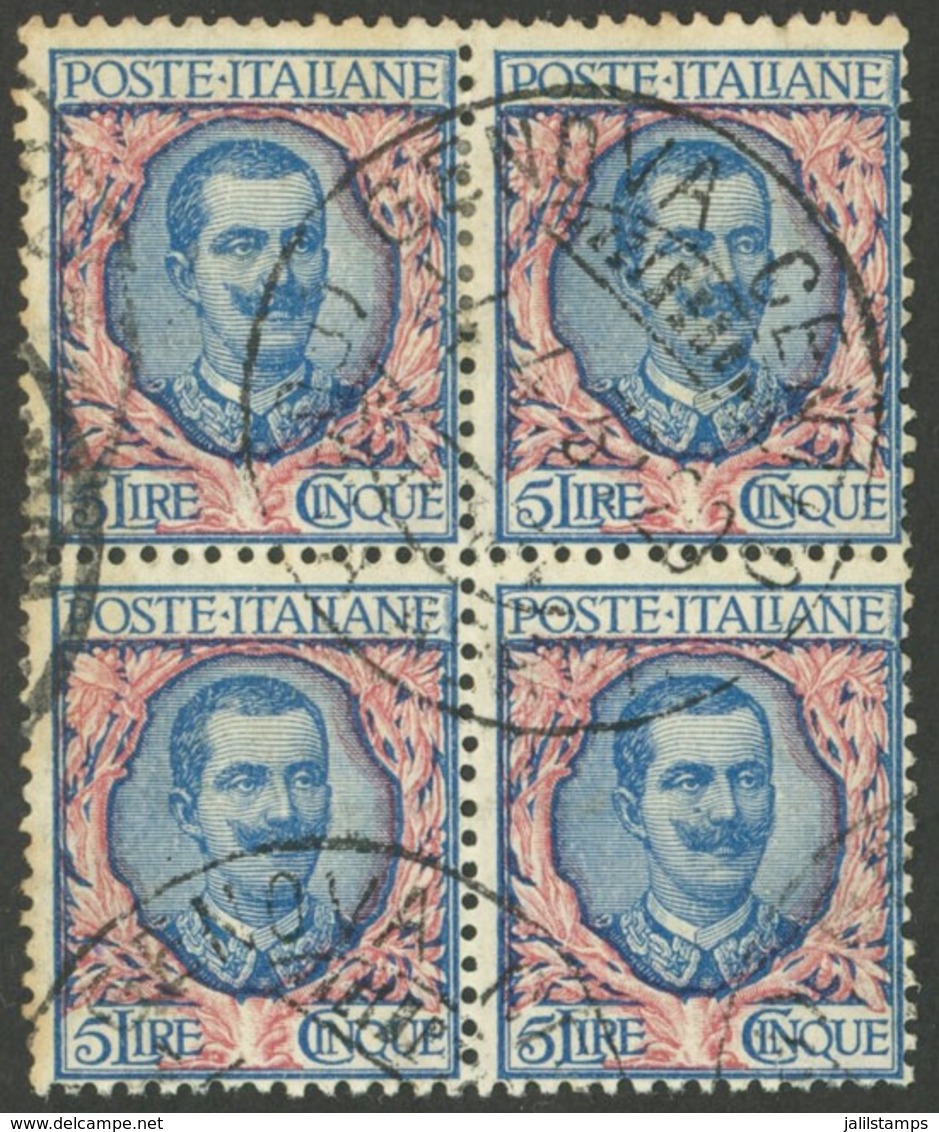 ITALY: Sc.91, 1901 5L. Blue And Rose In Used Block Of 4, VF Quality! - Non Classés