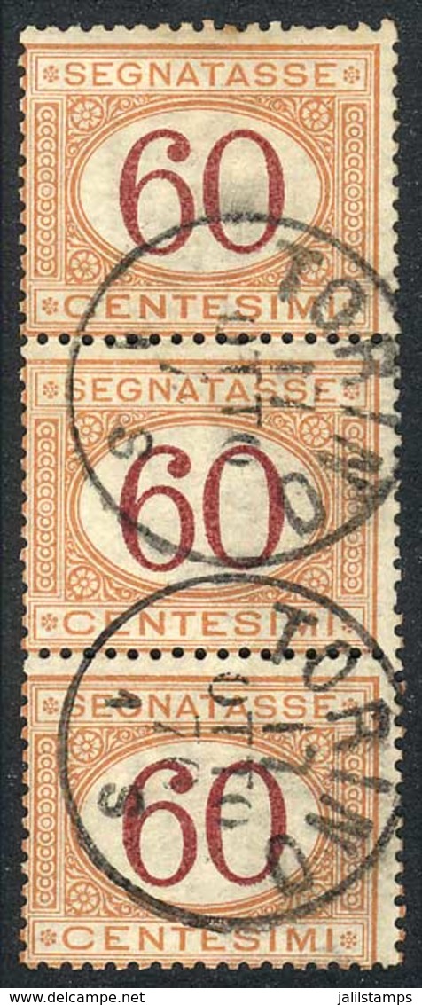 ITALY: Sassone 10, 60c. Ocher And Carmine, Vertical Strip Of 3 Cancelled "Torino 17/OCT/70", Excellent Quality, Rare, Sa - Ohne Zuordnung