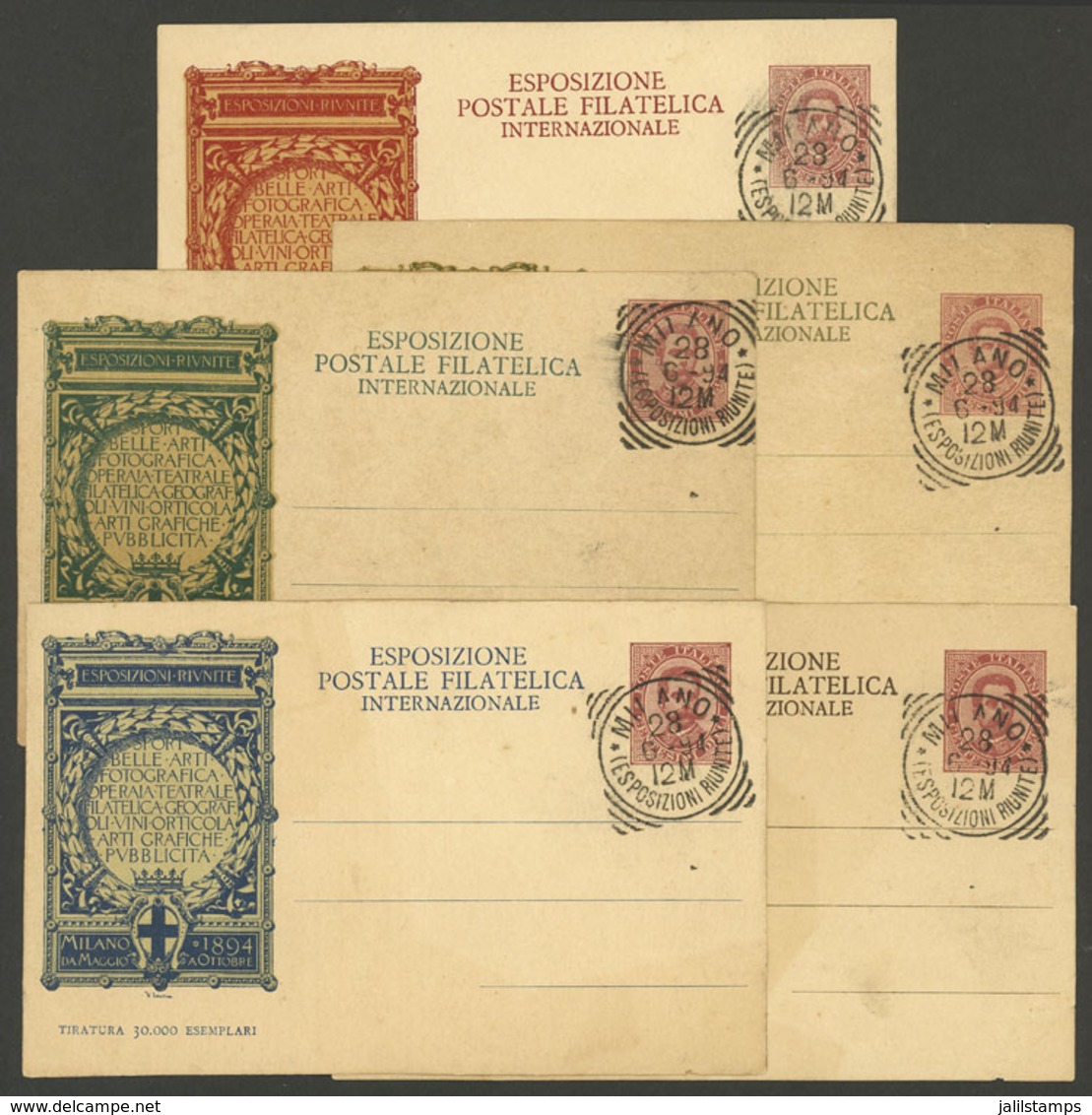 ITALY: 5 Postal Cards Of The 1894 Milano Intl. Exhibition, With Special Postmark Of The Expo Of 28/JUN, Very Nice! - Unclassified