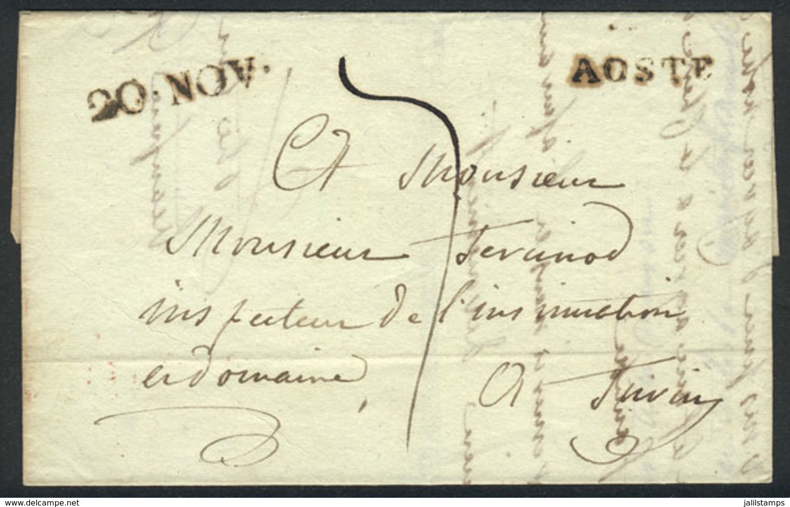 ITALY: Prephilatelic Folded Cover With Straightline Black AOSTE And "20.NOV." Markings On Front And Red "22.NOV." On Rev - Sin Clasificación