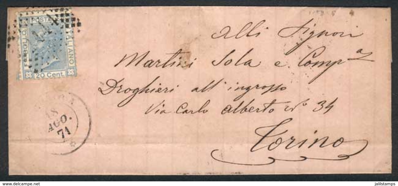 ITALY: Folded Cover Franked By Sa.26, Sent From Portula To Torino On 18/AU/1871, Very Fine Quality! - Unclassified