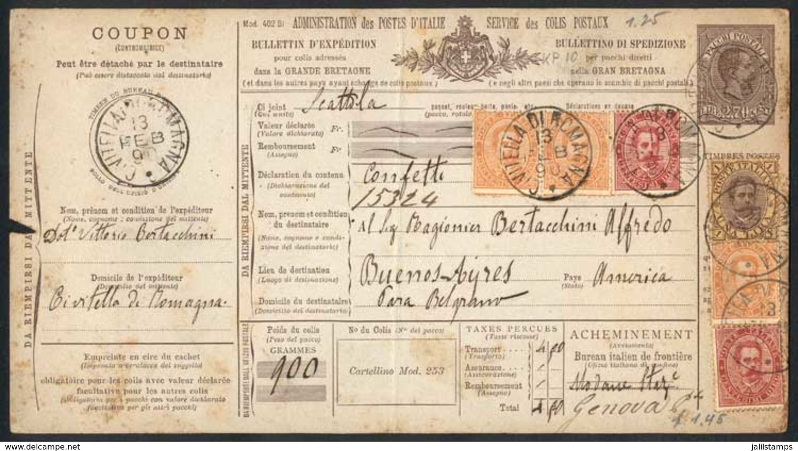 ITALY: Despatch Note Pf 2.70L. Sent From Civitella Di Romagna To Buenos Aires On 13/FE/1890, Uprated With Stamps For 1.8 - Ohne Zuordnung