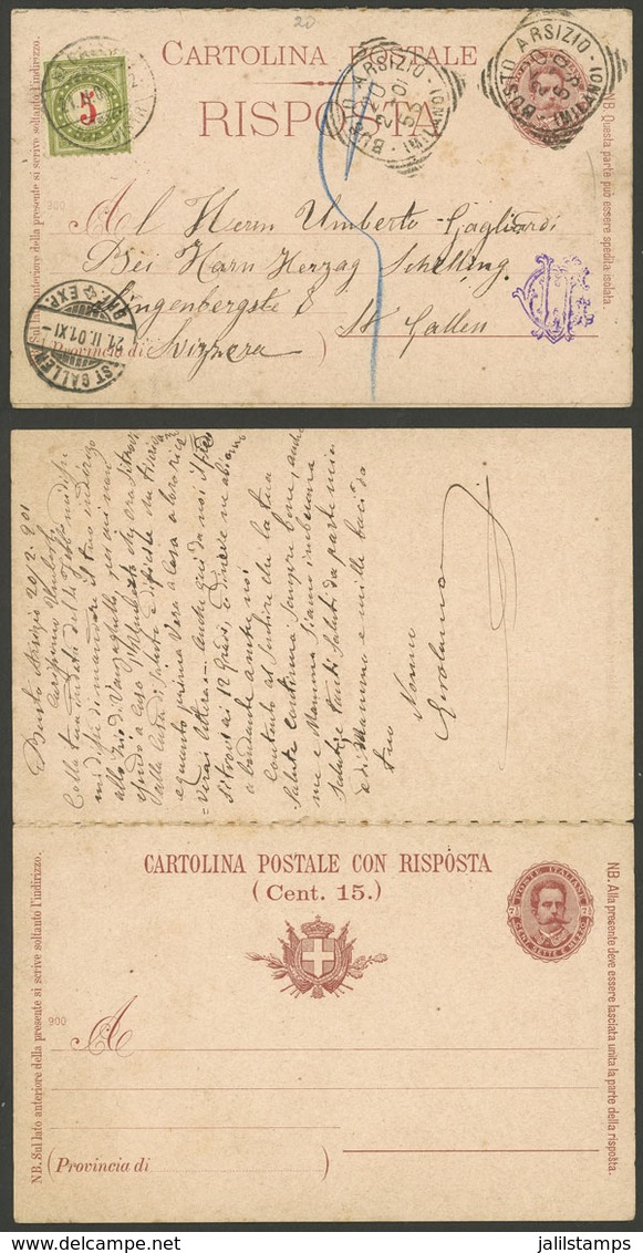 ITALY: 7½c. Double Postal Card With ATTACHED PAID REPLY Sent From Busto Arsizio To Switzerland On 20/FE/1901, With Swiss - Non Classificati