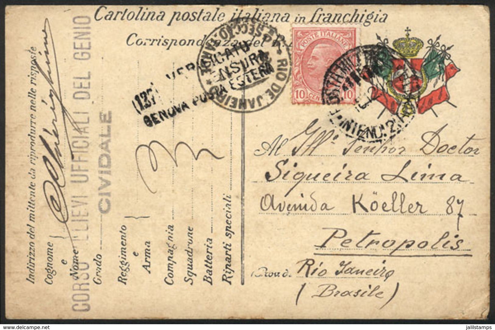 ITALY: Military Franchise Card With Additional Postage Of 10c., Sent From "WAR ZONE" To Brazil On 10/DE/1916, VF Quality - Unclassified